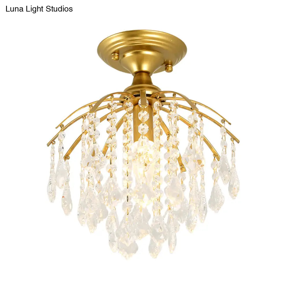 Gold Crystal Cascading Semi Flush Lamp - Traditional Hallway Ceiling Light With 1 Bulb