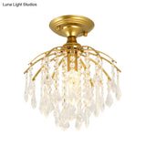 Gold Crystal Cascading Semi Flush Lamp - Traditional Hallway Ceiling Light With 1 Bulb