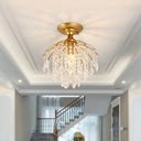 Gold Crystal Cascading Semi Flush Lamp - Traditional Hallway Ceiling Light With 1 Bulb
