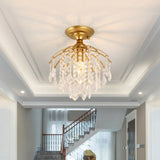 Gold Crystal Cascading Semi Flush Lamp - Traditional Hallway Ceiling Light With 1 Bulb