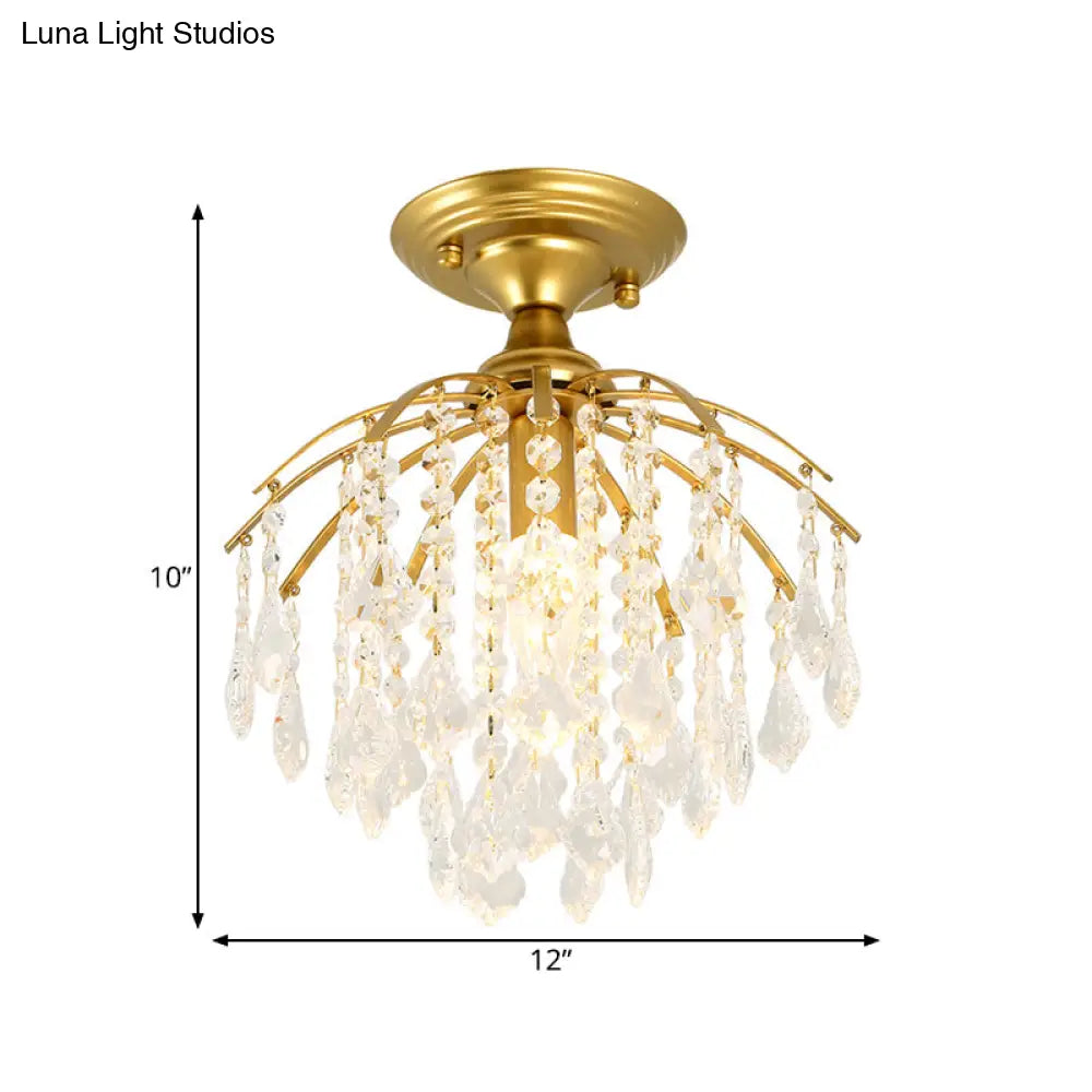 Gold Crystal Cascading Semi Flush Lamp - Traditional Hallway Ceiling Light With 1 Bulb