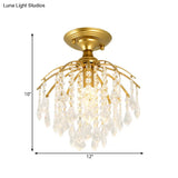 Gold Crystal Cascading Semi Flush Lamp - Traditional Hallway Ceiling Light With 1 Bulb