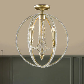 Gold Crystal Ceiling Light Fixture - Country Globe Cage Design With 3 Candle Lights