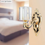 Gold Crystal Cylinder Sconce Light - Rectangular-Cut Contemporary Bedroom Wall Mount