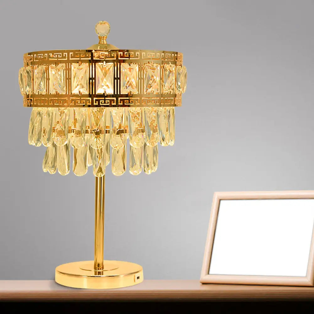 Gold Crystal Drop Led Table Light - Elegant Countryside Style For Bedroom