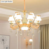 Gold Crystal Drop Pendant Chandelier With Milky Glass Pear Shade