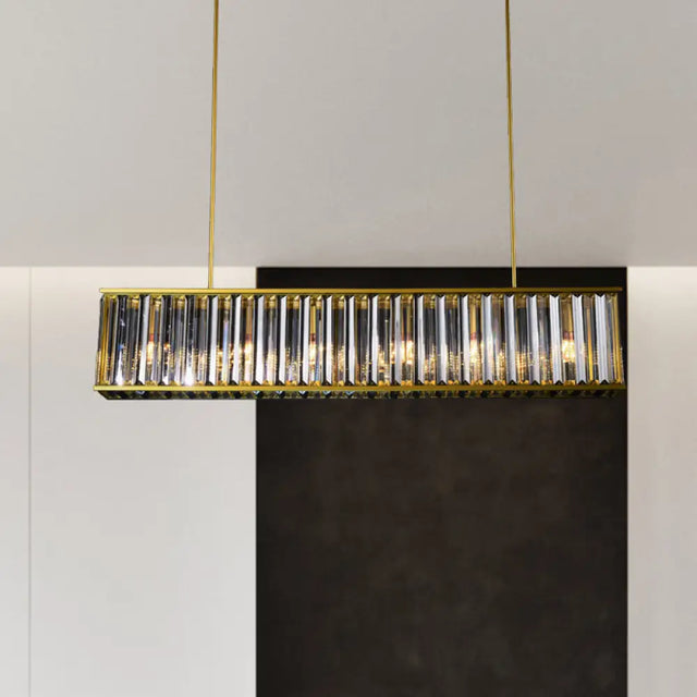 Gold Crystal Rod Island Light: Postmodern Pendant Fixture With 4 Rectangle Heads / A