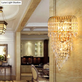 Gold Crystal Strand Wall Lamp - Traditional 3-Light Sconce For Living Room