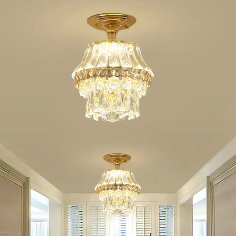 Gold Crystal Tiered Led Semi Flush Ceiling Mount Light Fixture - Contemporary Rectangle-Cut Design