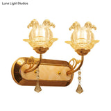 Gold Crystal Wall Lamp With Curved Arm - Simplicity Blossom 1/2-Light Fixture