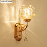 Gold Crystal Wall Lamp With Curved Arm - Simplicity Blossom 1/2-Light Fixture
