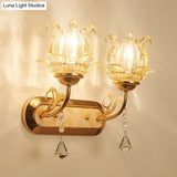 Gold Crystal Wall Lamp With Curved Arm - Simplicity Blossom 1/2-Light Fixture