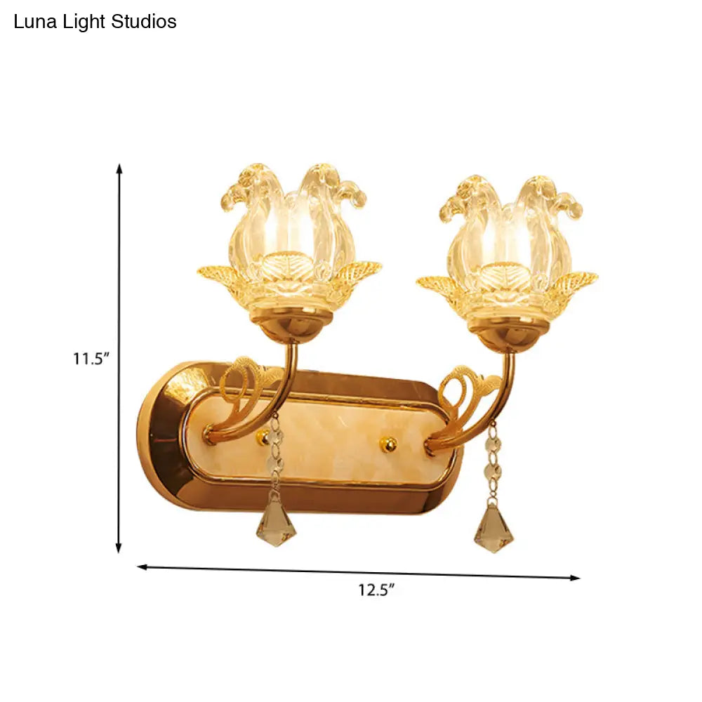 Gold Crystal Wall Lamp With Curved Arm - Simplicity Blossom 1/2-Light Fixture