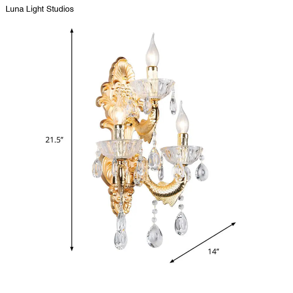 Gold Crystal Wall Light With Fish-Shaped Arm And 3 Candle Lights