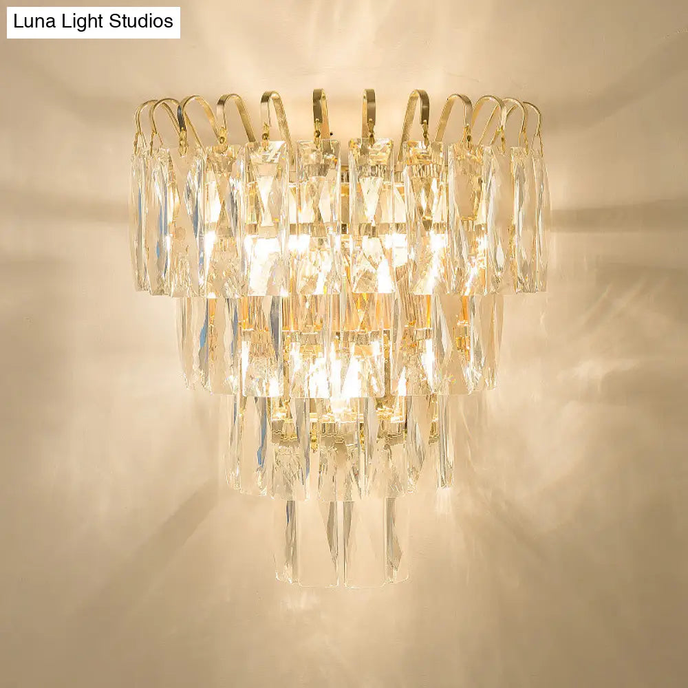 Gold Crystal Wall Sconce With 3 Modern Heads And 4 Tiers For Living Room