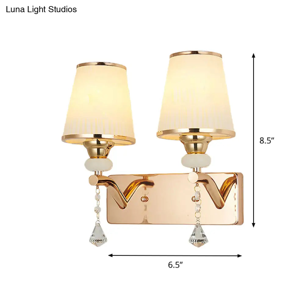 Gold Crystal Wall Sconce With Conical Shades - 2 Bulb Contemporary Mount Light