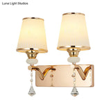 Gold Crystal Wall Sconce With Conical Shades - 2 Bulb Contemporary Mount Light