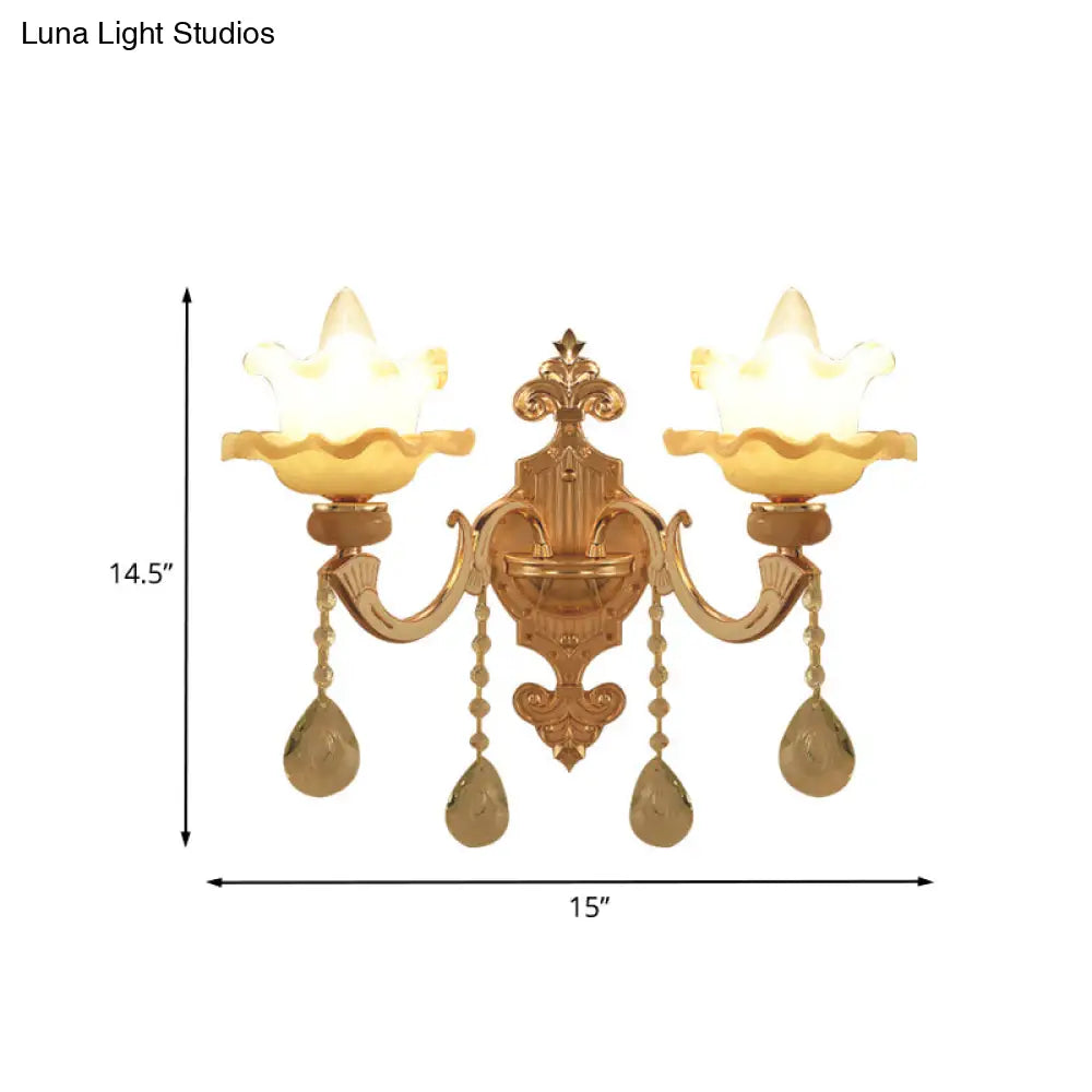 Gold Crystal Wall Sconce With Frosted Glass Shade - Perfect For Living Rooms 2 Bulbs Included!
