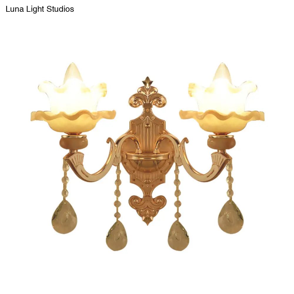 Gold Crystal Wall Sconce With Frosted Glass Shade - Perfect For Living Rooms 2 Bulbs Included!