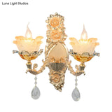 Gold Crystal Wall Sconce With Mid-Century Flower Shades - 2 Heads
