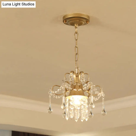 Gold Curved Arm Pendant Light Fixture With Crystal Accent - Countryside Metal 1-Bulb Porch Hanging