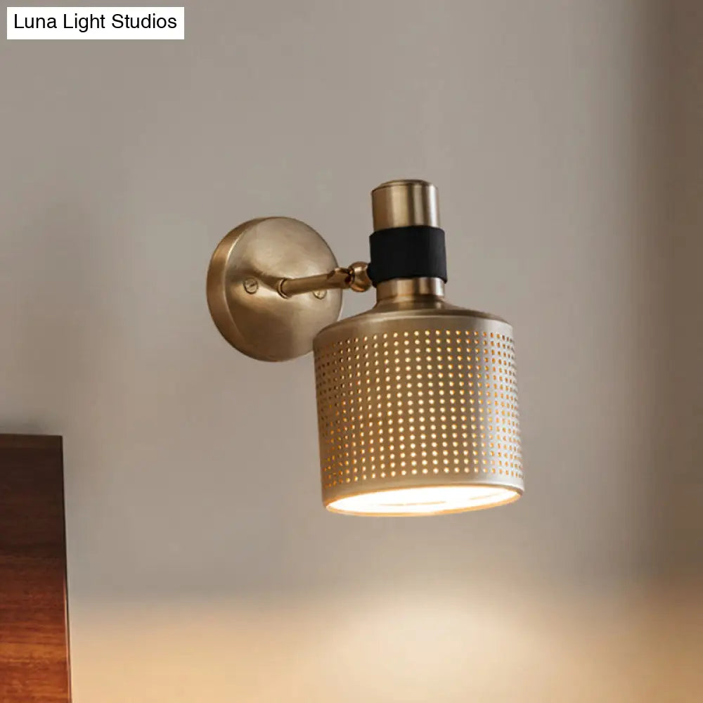 Gold Cylinder Bedroom Wall Lamp - Metal Sconce With Cutout Design