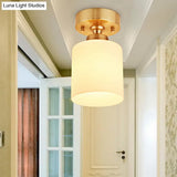 Gold Cylinder Ceiling Light With Traditional White Glass - 1 Pendant Lighting Fixture For Corridor