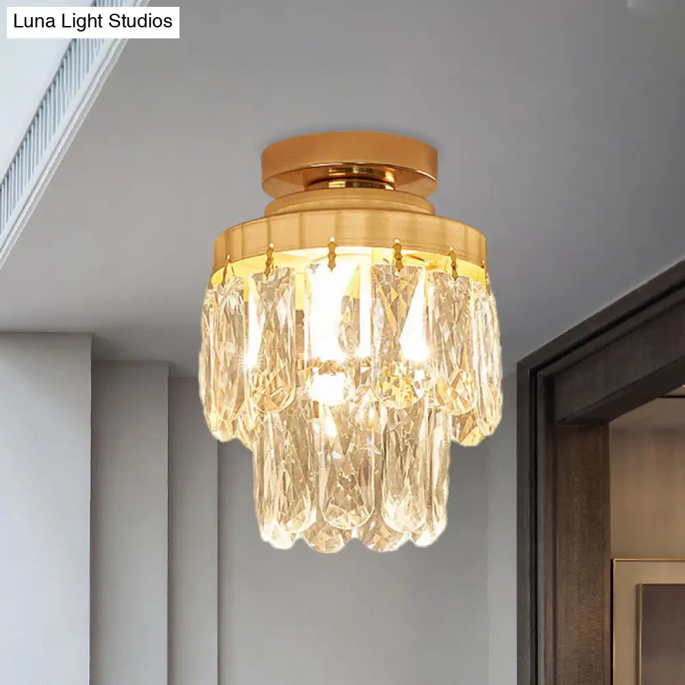 Gold Cylinder Pinecone Foyer Ceiling Lamp - Simple Crystal Design With Semi-Flush Mount 1 Bulb