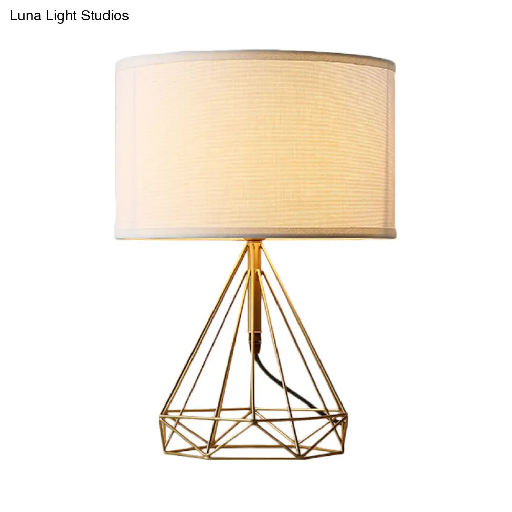 Gold Diamond Cage Table Light - Minimalist Metallic Bedside Lamp With White Fabric Shade