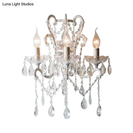 Gold & Distressed White Metal Wall Mounted Sconce With Crystal Accent - 3-Light Lodge Swooping Arm