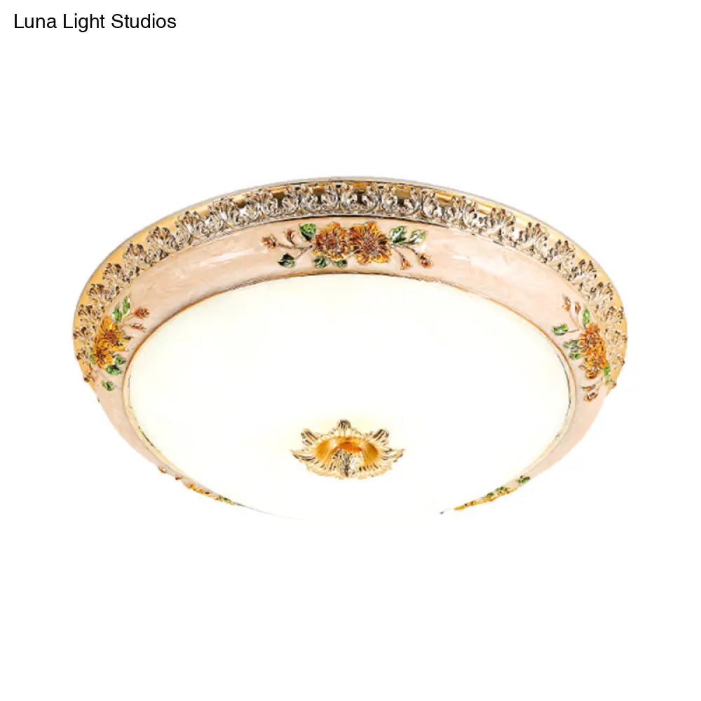 Gold Domed Ceiling Flush Led Bedroom Light With Carved Flower - Traditional Opaque Glass 3 Width