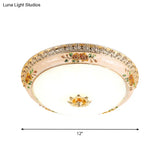 Gold Domed Ceiling Flush Led Bedroom Light With Carved Flower - Traditional Opaque Glass 3 Width