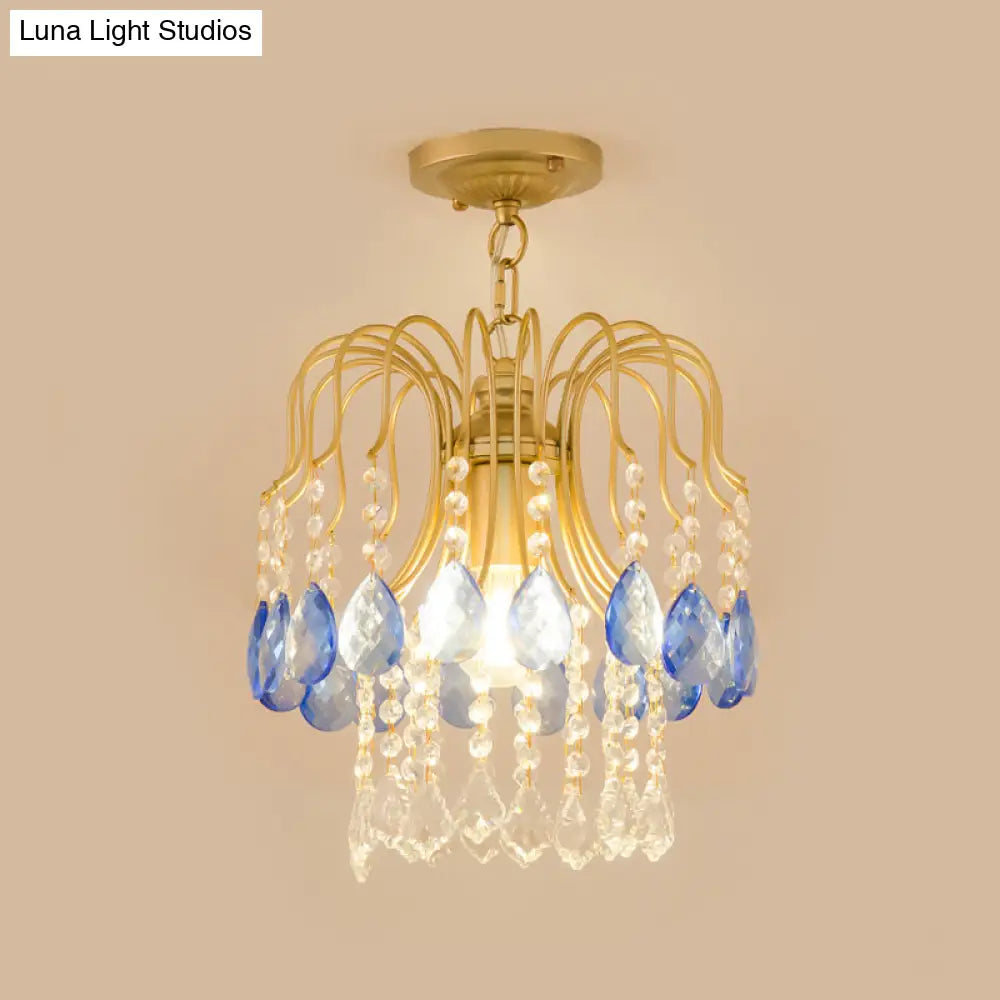 Gold Double - Layered Crystal Ceiling Mount Light Fixture - Modern Semi Flush Design