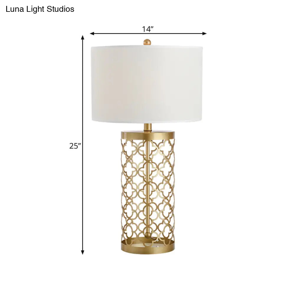 Gold Drum Fabric Task Lighting Bedroom Desk Lamp With Traditional Style And Cylinder Cage