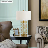 Gold Drum Fabric Task Lighting Bedroom Desk Lamp With Traditional Style And Cylinder Cage