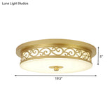 Gold Drum Flush Mount Led Lamp With Classic White Glass - Ideal Living Room Ceiling Light In Or