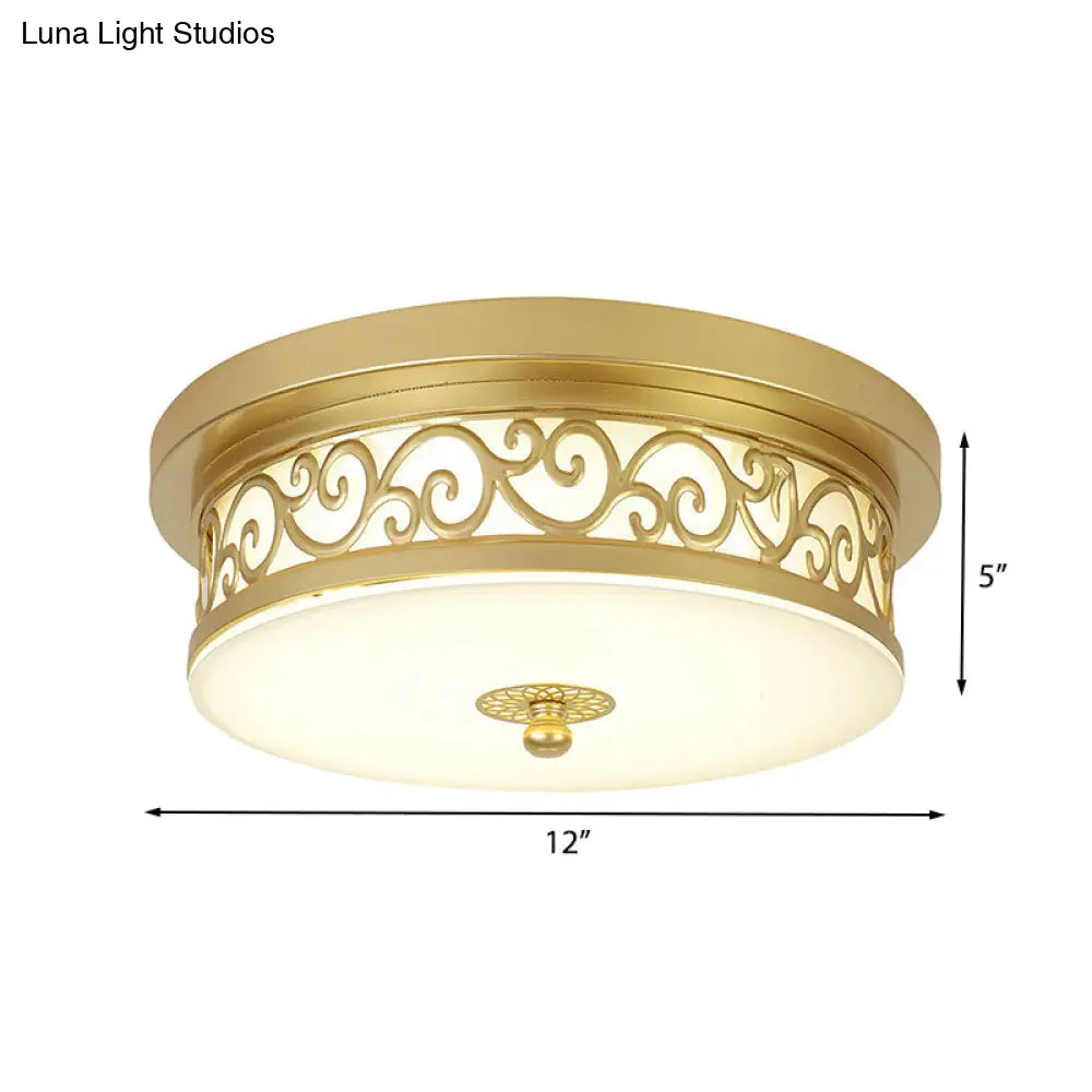 Gold Drum Flush Mount Led Lamp With Classic White Glass - Ideal Living Room Ceiling Light In Or