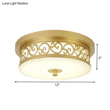 Gold Drum Flush Mount Led Lamp With Classic White Glass - Ideal Living Room Ceiling Light In Or