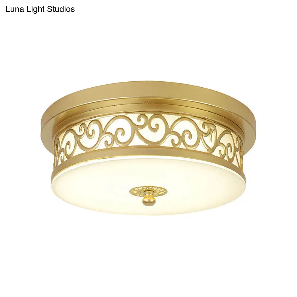 Gold Drum Flush Mount Led Lamp With Classic White Glass - Ideal Living Room Ceiling Light In Or