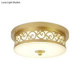 Gold Drum Flush Mount Led Lamp With Classic White Glass - Ideal Living Room Ceiling Light In Or