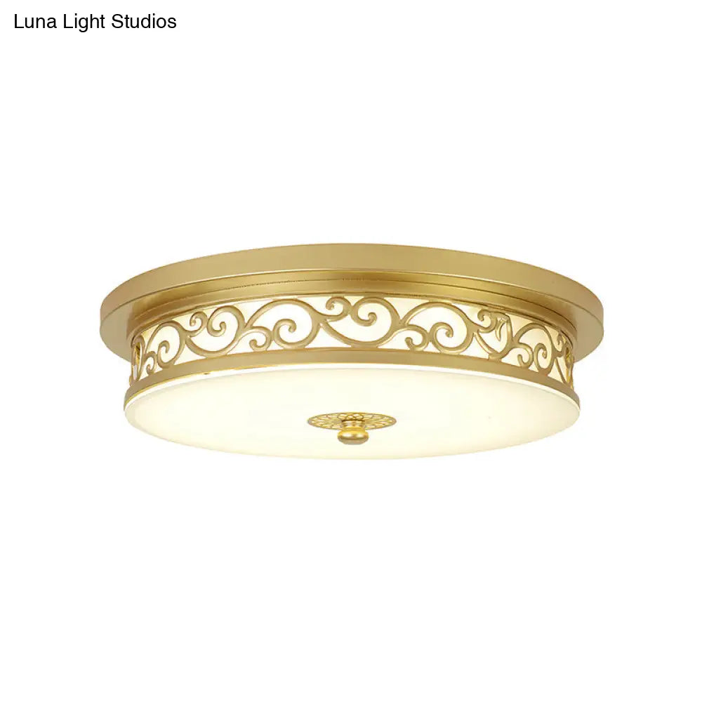 Gold Drum Flush Mount Led Lamp With Classic White Glass - Ideal Living Room Ceiling Light In Or
