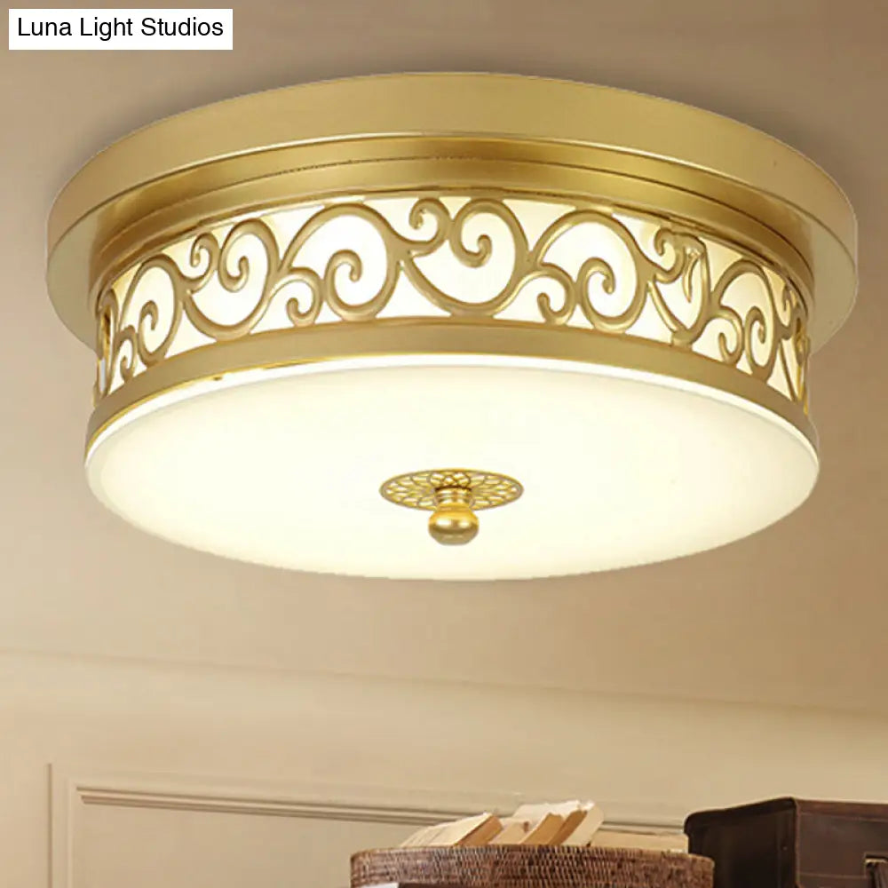 Gold Drum Flush Mount Led Lamp With Classic White Glass - Ideal Living Room Ceiling Light In Or