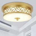Gold Drum Flush Mount Led Lamp With Classic White Glass - Ideal Living Room Ceiling Light In Or