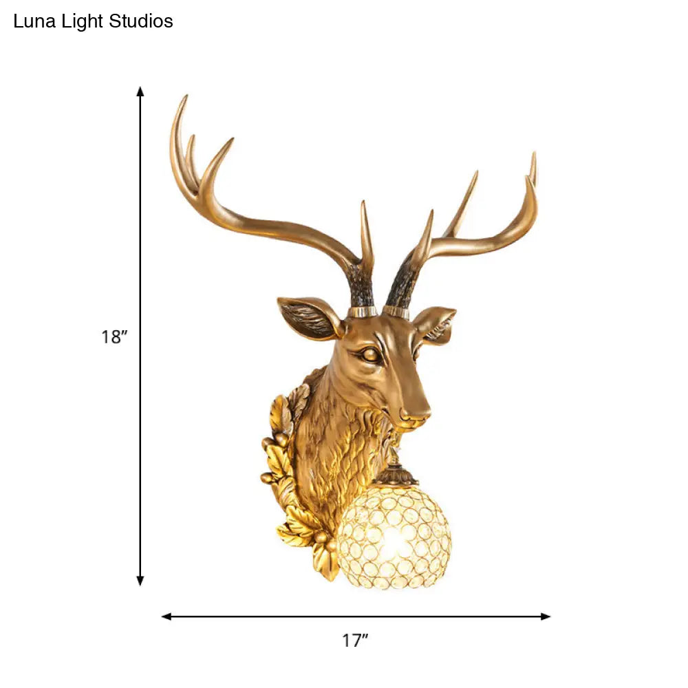 Gold Farmhouse Sconce Light With Faceted Crystal Sphere And Sika Deer Head Design