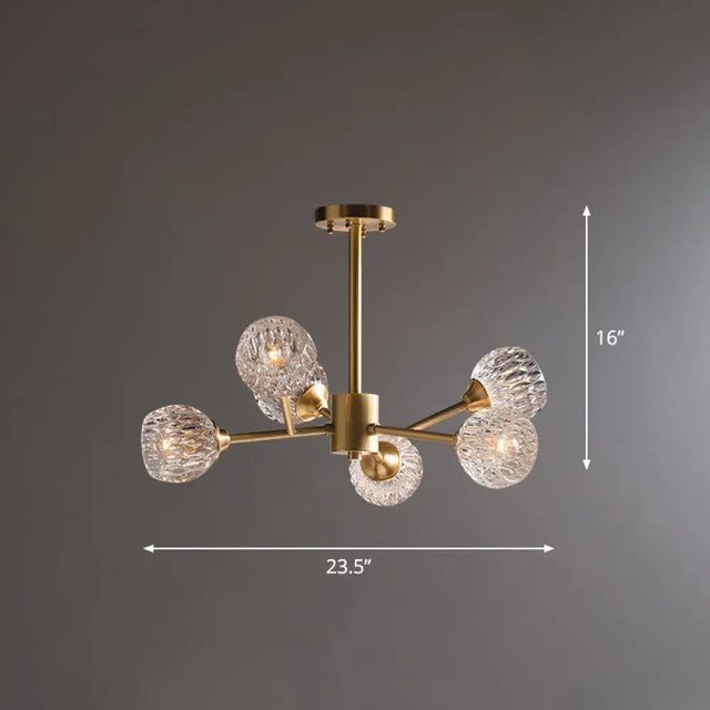 Gold Finish Chandelier With Metallic Branch Design And Clear Crystal Shade 6 /