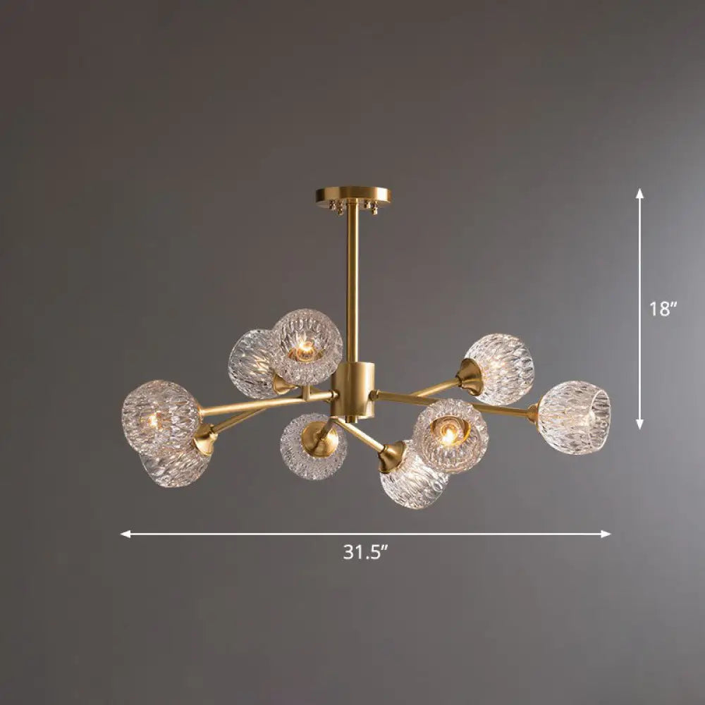 Gold Finish Chandelier With Metallic Branch Design And Clear Crystal Shade 9 /