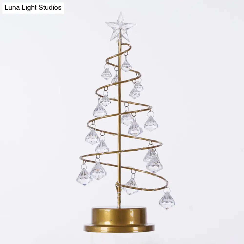 Gold Finish Christmas Tree Led Night Lamp With Acrylic Crystals - Battery Operated Table Light
