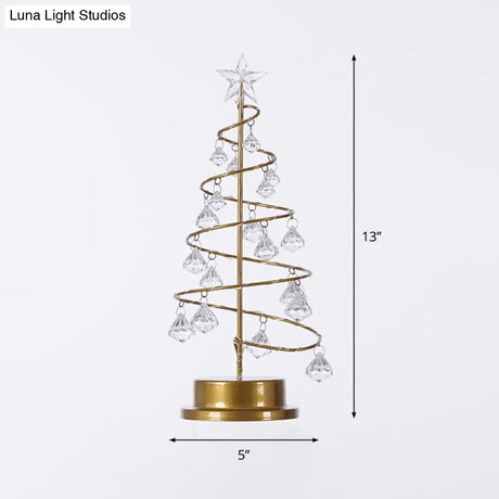 Gold Finish Christmas Tree Led Night Lamp With Acrylic Crystals - Battery Operated Table Light
