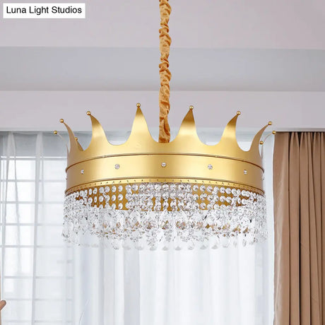 Gold Finish Crown Ceiling Chandelier - Kids 2/4/5 Bulbs Metal Suspension Light With Crystal Accent