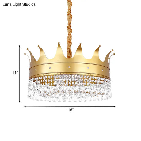 Gold Finish Crown Ceiling Chandelier - Kids 2/4/5 Bulbs Metal Suspension Light With Crystal Accent